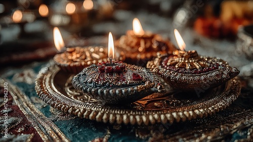Lit diya lamps on a silver plate with patterned cloth background.
