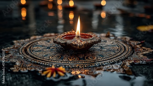 Lit diya oil lamp on decorative surface with other lamps in background.