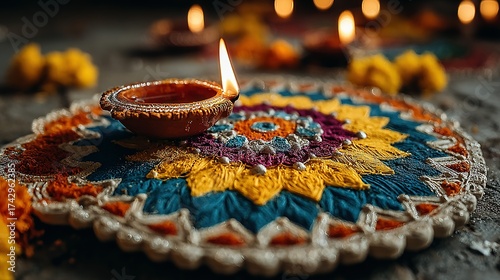 Lit diya on colorful rangoli design with blurred candles in background.