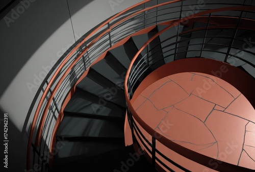A spiraling staircase descends, its red railing and steps contrasting against gray walls