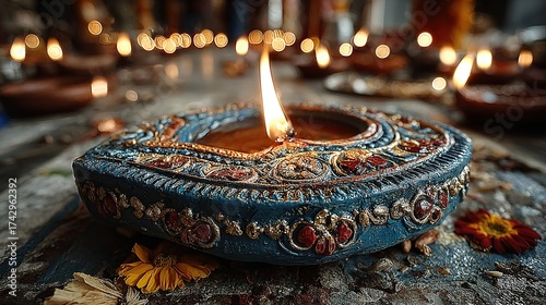Lit diya oil lamp with decorative border on a patterned surface.