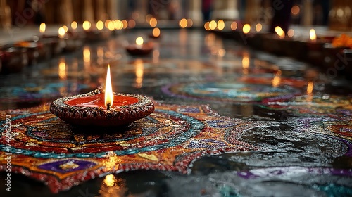 Lit diya oil lamps on patterned cloth surface creating a warm glow.
