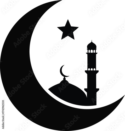 Islamic crescent moon star mosque silhouette symbol ramadan eid mubarak celebration religious culture vector