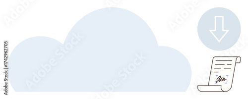 Cloud backdrop with a downward arrow over a signed document ready for download. Ideal for data management, cloud storage, digital signing, information security, online tools, paperless office