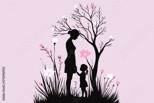 Silhouette illustration of mother and daughter holding hands in nature with flowers and tree