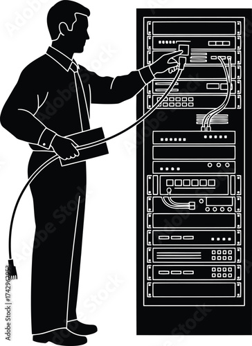 Technician silhouette connecting cables to server rack technology network data center infrastructure vector