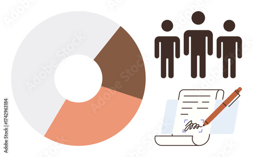 Pie chart with three data segments, three human figures, and a signed document with a pen emphasize teamwork, data analytics, and agreement processes. Ideal for business, teamwork, management