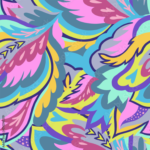 Colorful seamless pattern with chaotic floral and psychedelic abstract elements. Vector illustration.