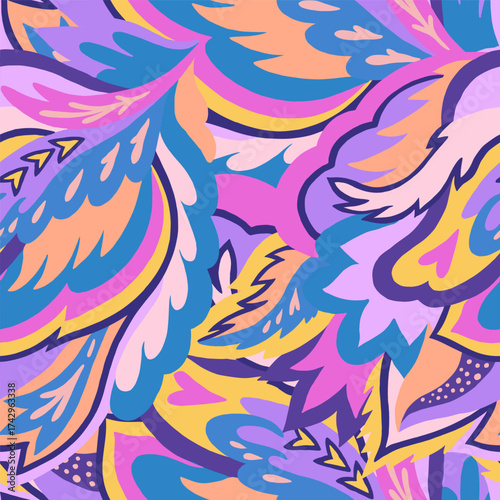 Colorful seamless pattern with chaotic floral and psychedelic abstract elements. Vector illustration.