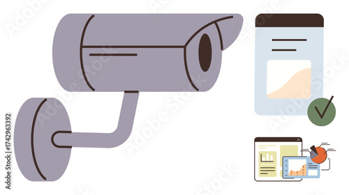 Surveillance camera combined with digital forms, analytics charts, and a green checkmark, symbolizing security, compliance, data management, approval processes, monitoring, privacy and digital