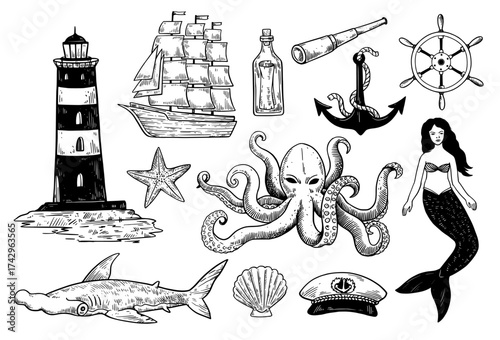 Set of vintage nautical elements for design isolated on white background.