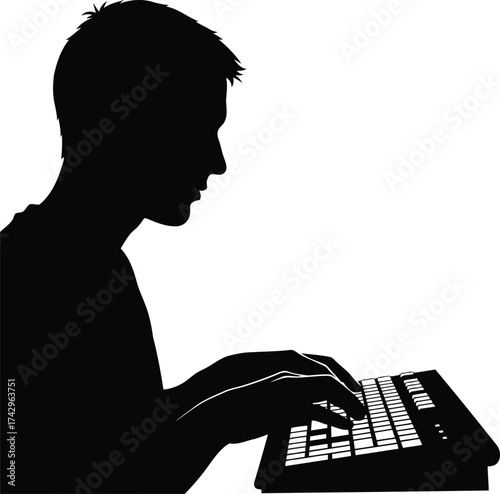 Silhouette of a young man typing on a keyboard in profile view illuminated from behind vector