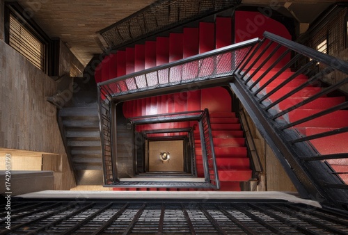 Overhead shot of a red-carpeted, geometric staircase winding down a tall building