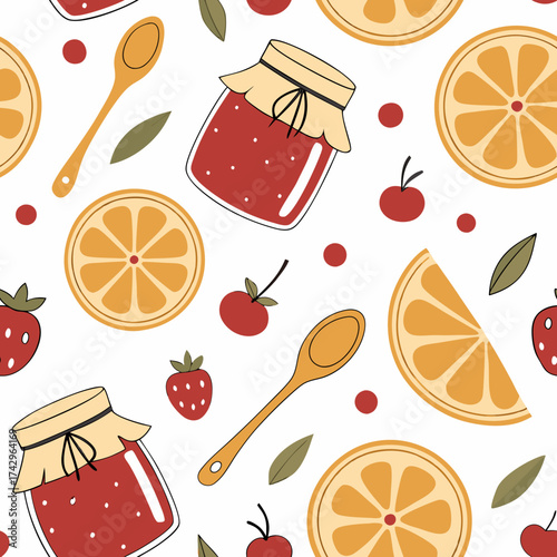 A cheerful food design showcasing juicy berries and citrus fruits. The bright red and sunny orange color palette creates a fresh and appetizing feel against the kitchen tile white background, complem