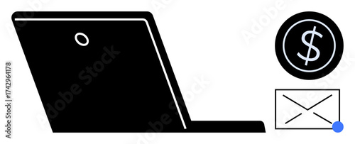 Laptop side view, coin with dollar sign, email with notification dot. Ideal for finance, communication, technology, online business, e-commerce, remote work minimal flat metaphor