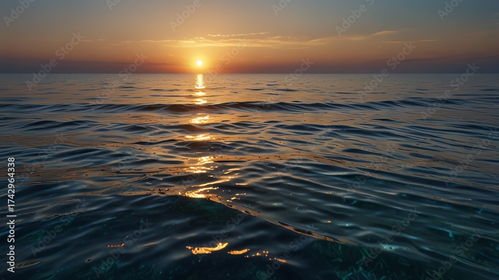 Fototapeta premium Ocean sunset with golden light reflecting on gentle waves.