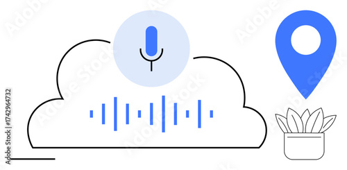 Microphone in blue circle above a cloud and sound waves, accompanied by a location marker and plant. Ideal for technology, AI, voice assistant, communication, navigation, cloud computing, innovation