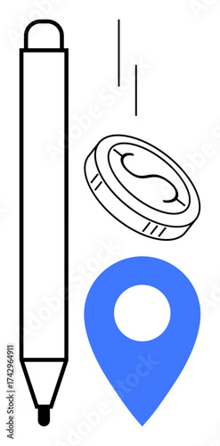Pen, coin, and blue pin highlight creativity, financial planning, navigation, location services, business, education goal orientation. Ideal for digital tools productivity minimal flat metaphor