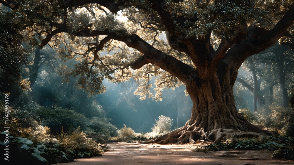 Fototapeta premium A sacred bodhi tree in a peaceful forest clearing, softly lit by golden sunlight. Lush, quiet, and spiritual—ideal for mindfulness, reflection, or natural serenity themes with copy space.