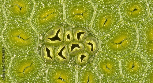 Extreme close-up of leaf surface showing stomata and epidermal cells