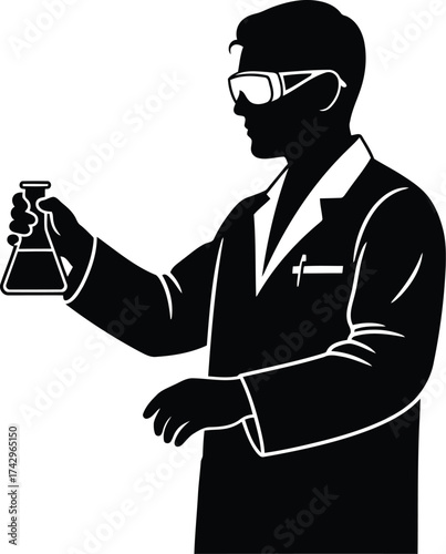Scientist holding flask in lab coat and safety goggles conducting chemical experimentation vector
