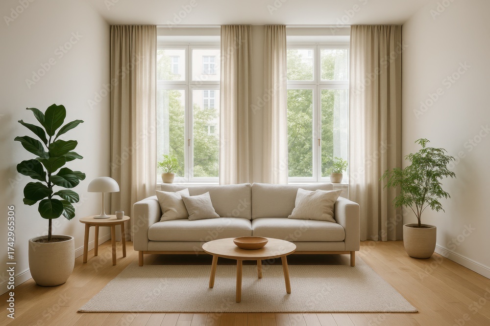 Obraz premium Sunlit living room with floor to ceiling windows and modern pleated drapes