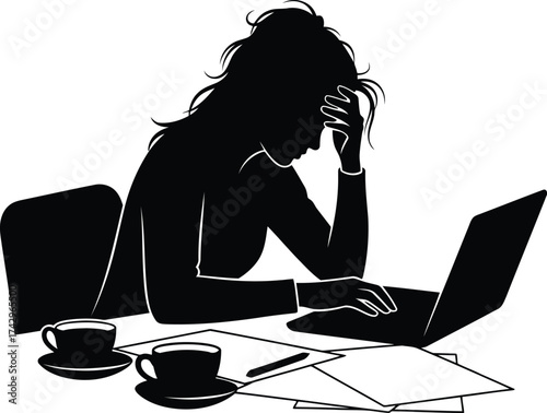 Silhouette of frustrated woman at desk with laptop coffee and papers showing stress and overwhelm vector