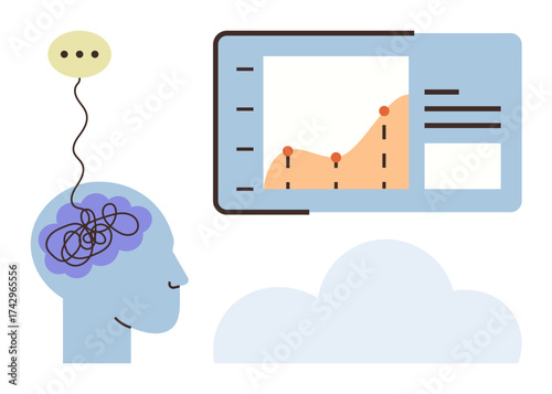 Head with tangled thoughts beside screen displaying growth chart and analytics. Ideal for problem-solving, mental health, innovation, learning, analytics, critical thinking, education. Simple flat