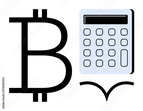 Bitcoin symbol, calculator, and arrows indicating analysis, valuation, or computation. Ideal for cryptocurrency, investment, finance analytics fintech budgeting and economic planning. A simple