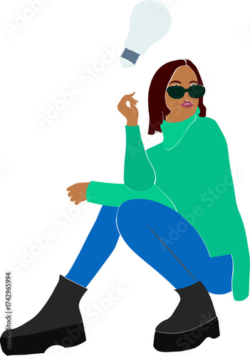 Mujer pensativa con bombilla de idea, inspiración y creatividad. Png, fondo transparente. Thoughtful woman with light bulb idea, inspiration and creativity