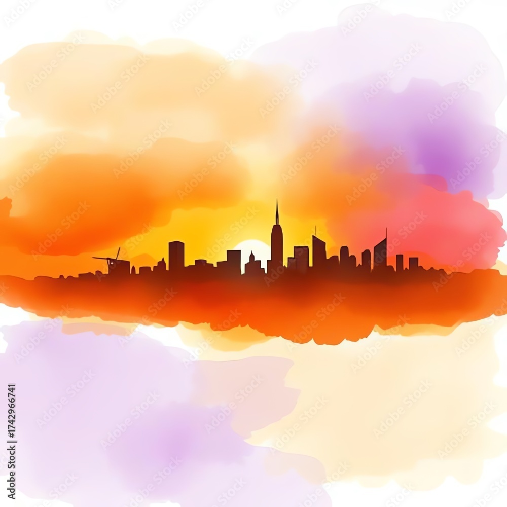 Fototapeta premium Abstract watercolor cityscape at sunset with vibrant orange and purple hues.
