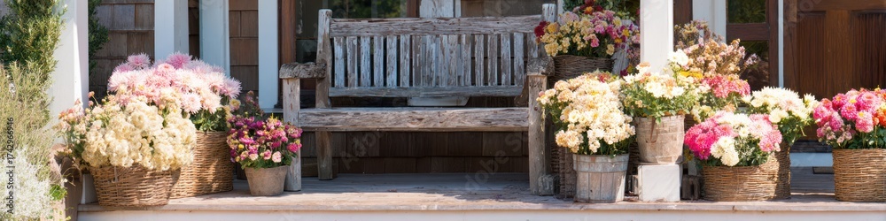 Fototapeta premium Flowers in baskets on a wooden bench with a rustic aesthetic outdoors