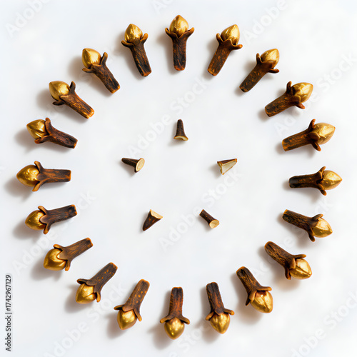 Aromatic whole dried cloves precisely arranged in a circular pattern, a natural spice ingredient for healthy cooking and wellness