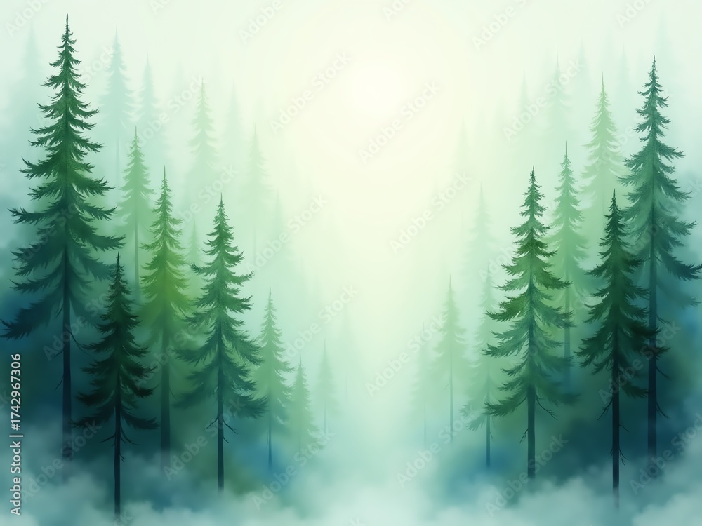 Fototapeta premium Misty evergreen forest scene with soft light filtering through the trees.