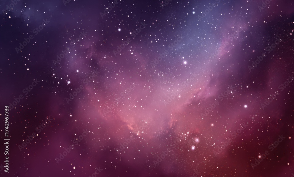 Fototapeta premium Purple Pink Nebula with Glowing Stars in Deep Space. Abstract Cosmic Background for Sci-Fi, Digital Art, and Space Exploration Projects.
