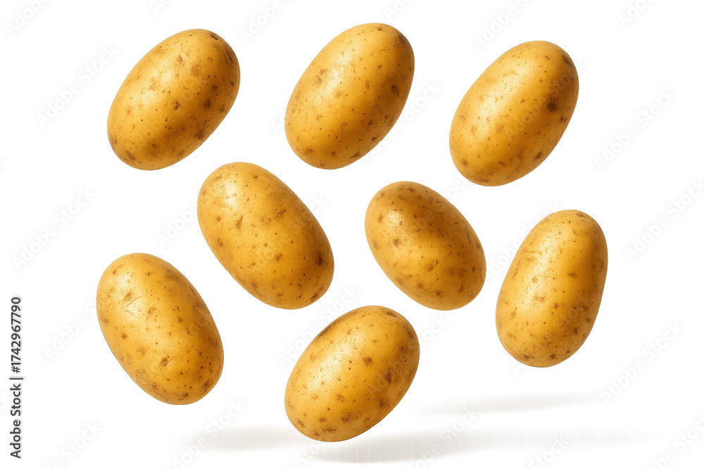 Obraz premium Falling fresh potatoes in mid air isolated on white and transparent clean background