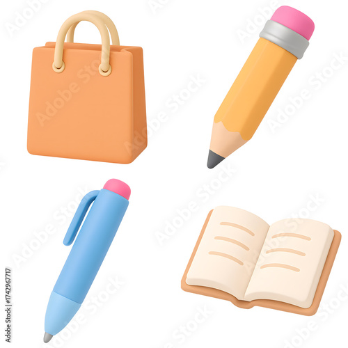 3D icons set with bag, pencil, pen and notebook on white background, minimalistic and educational style.