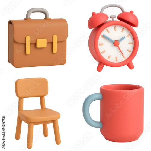 3D kawaii style set with briefcase, alarm clock, chair, and mug, perfect for office, education, and productivity design.