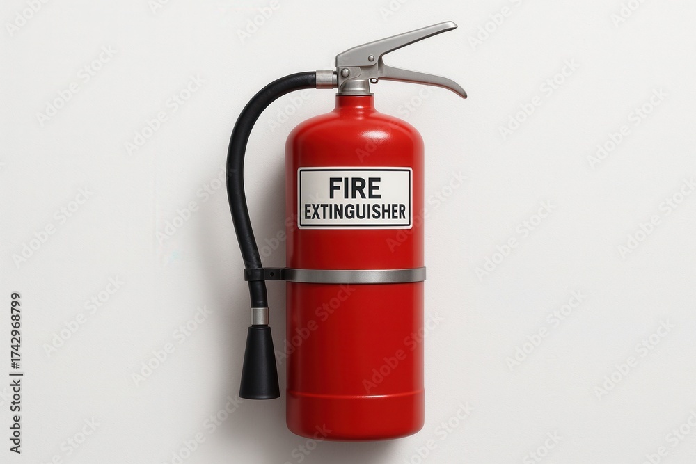 Obraz premium Red fire extinguisher mounted on clean wall safety concept with copy space industrial
