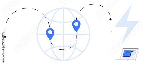 Two GPS markers on a globe connected by a dotted path, lightning bolt signifying speed, and a laptop with a digital interface. Ideal for technology, maps, global communication, GPS, logistics