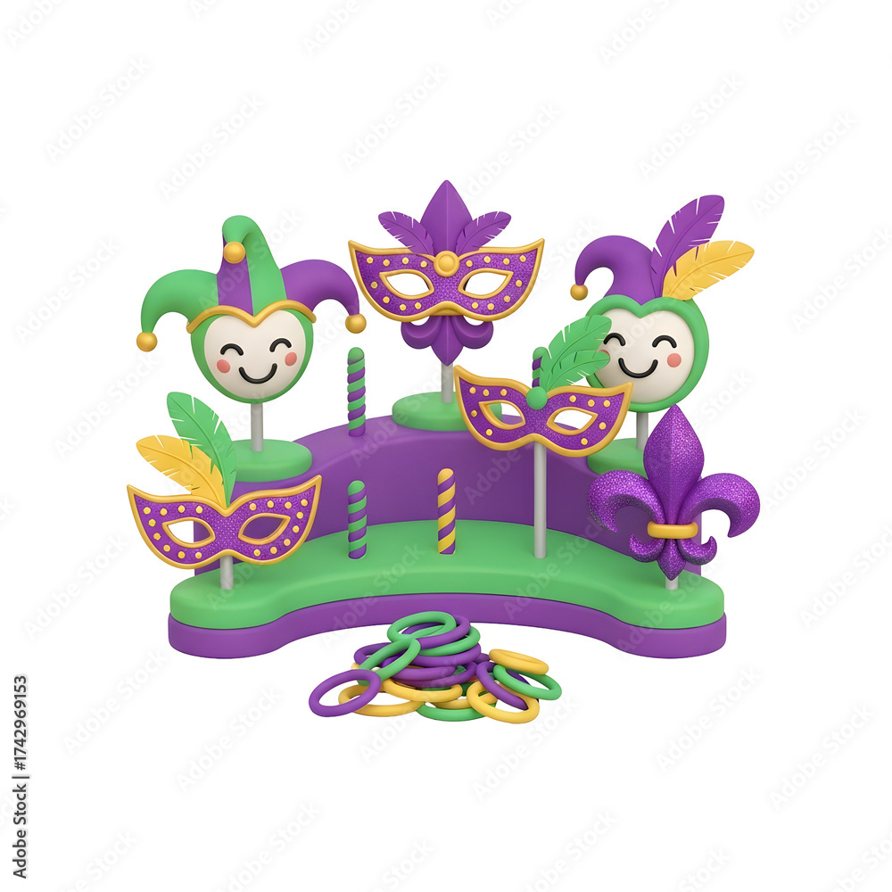 Fototapeta premium A vibrant collection of Mardi Gras celebration elements including decorative masks, jester hats, colorful feathers, and ornamental fleur-de-lis symbols, presented on a transparent background.