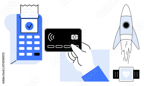 Hand tapping a credit card on a payment device, smartwatch with heart rate, and rocket representing innovation. Ideal for fintech, technology, modern payment, startup growth, health tech, digital