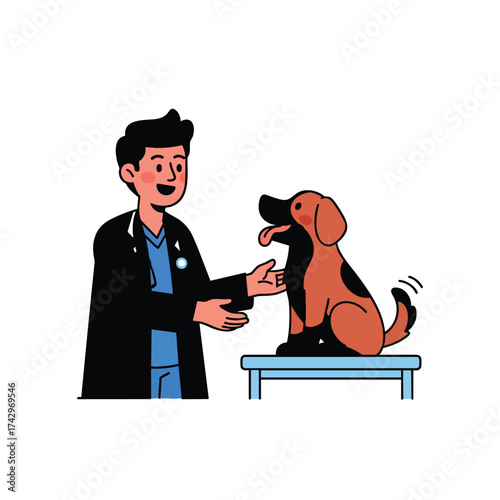 Friendly cartoon veterinarian examining a happy brown dog with a wagging tail on an examination table.
