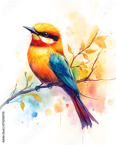 A vibrant watercolor painting of a colorful exotic bird perched on a branch, featuring a dreamlike and artistic splash effect