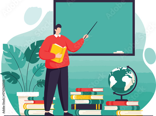 Male teacher in a red sweater pointing at a blank chalkboard during a classroom lesson.