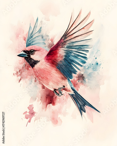 Vibrant watercolor illustration of a surreal bird taking flight, showcasing a dreamlike style with pink and blue wings against a light backdrop