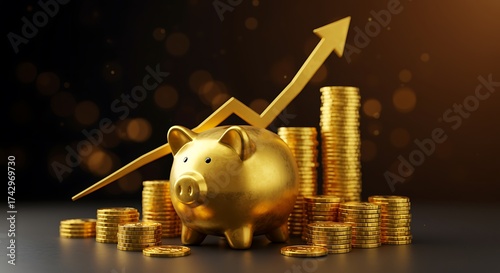 Golden piggy bank with rising arrow and stacks of gold coins gold piggy bank stack of coins