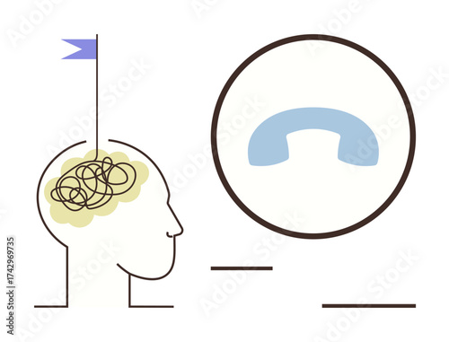 Human head with tangled brain lines facing a blue phone handset. Ideal for mental health, communication, confusion, stress, problem-solving, mindfulness, self-awareness, simple flat metaphor