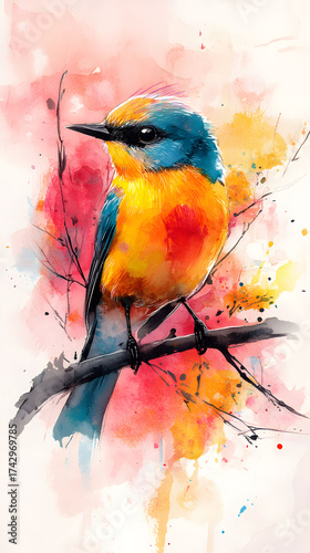 Vibrant Watercolor Bird Art A Dynamic Avian Portrait with Colorful Splashes and Abstract Details, Evoking a Modern Artistic Aesthetic for Nature Enthusiasts