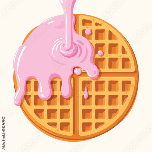 Pouring sweet pink strawberry icing onto a fresh golden round waffle.